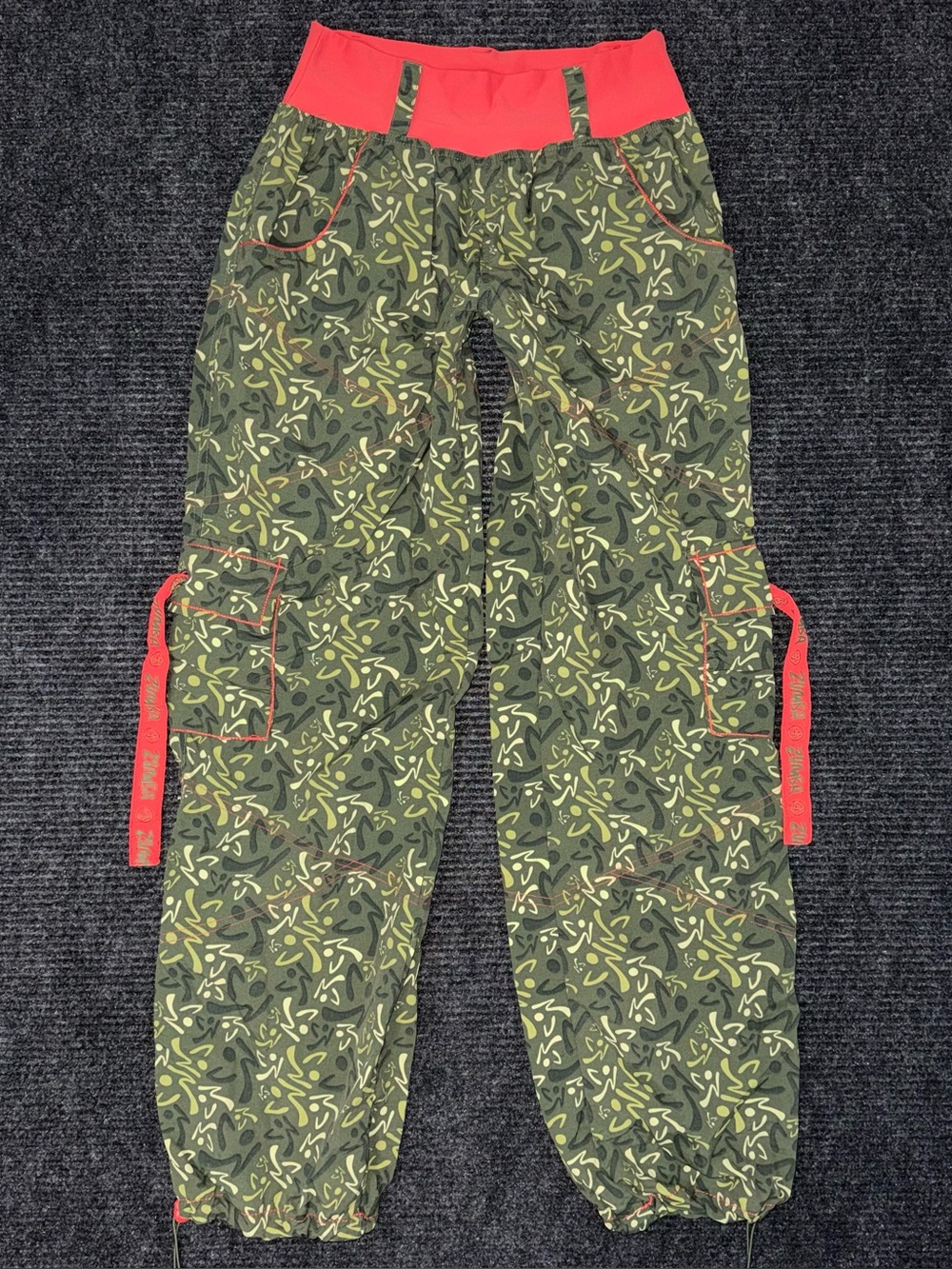 Zumba Cargo Pants Sz M Green Camo Baggy Parachute Y2K Dance Fitness 90s Hip Hop